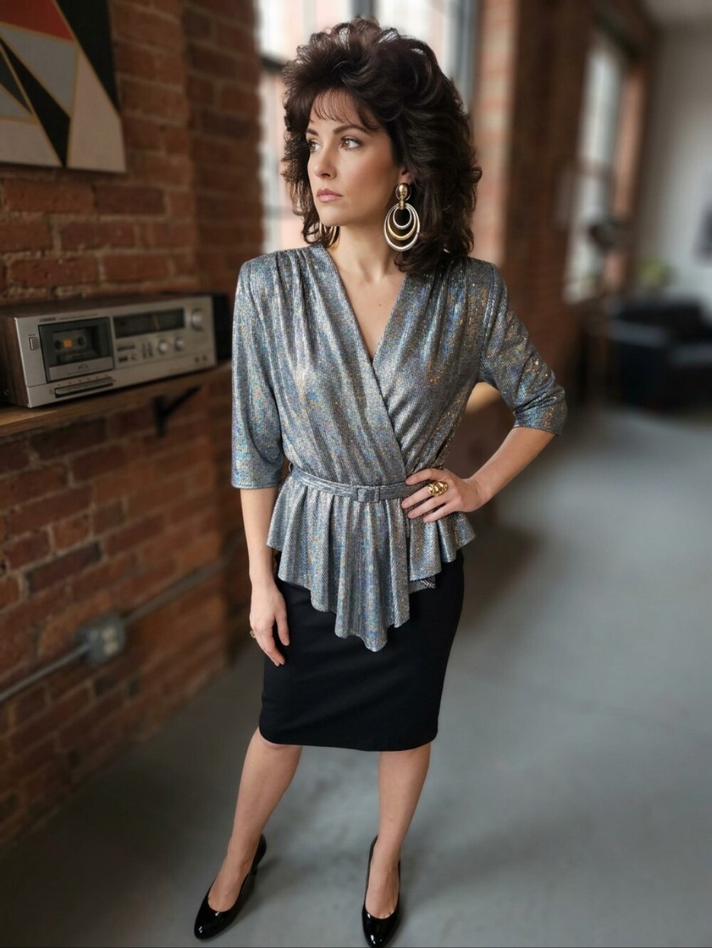 Vintage 80's Metallic Silver Retro Peplum Quarter-Sleeve Belted Midi Dress 14